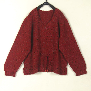 秋冬装孤品复古古着vintage深红色银丝混编抽绳收腰手工钩花毛衣