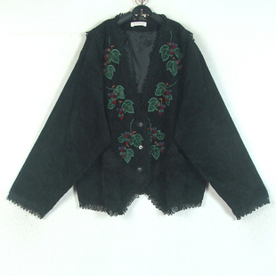 秋冬孤品复古着vintage田园风亚光黑色条绒立体葡萄蕾丝棉质外套