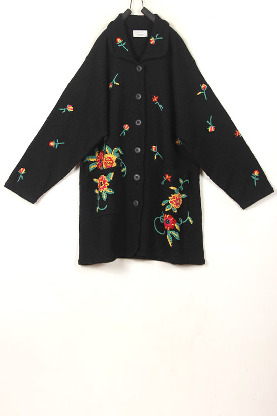 冬装孤品复古古着vintage日系黑色花藤碎花手工刺绣长款毛衣外套