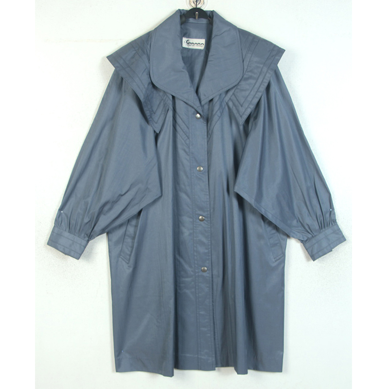 秋冬孤品复古古着vintage昭和光泽感银灰蓝设计披风款薄风衣外套