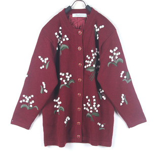 秋冬装孤品复古古着vintage日本酱红色铃兰手工钩花开衫毛衣外套