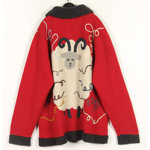 秋冬装孤品复古古着vintage日本正红色数绵羊手工刺绣开衫毛衣