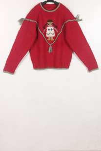 秋冬装孤品复古古着vintage深红色印第安小女孩套头手工毛衣