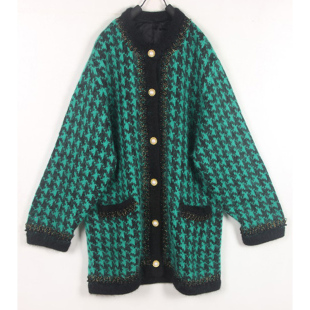 秋冬装孤品复古古着vintage宝石绿马海毛千鸟格金丝钉珠毛衣外套