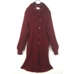 秋冬装孤品复古古着vintage酒红色菱格坑条修身长款马海毛衣外套