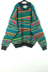 秋冬装孤品复古日本中古着vintage绿色澳洲产彩色苦瓜纹毛衣男女