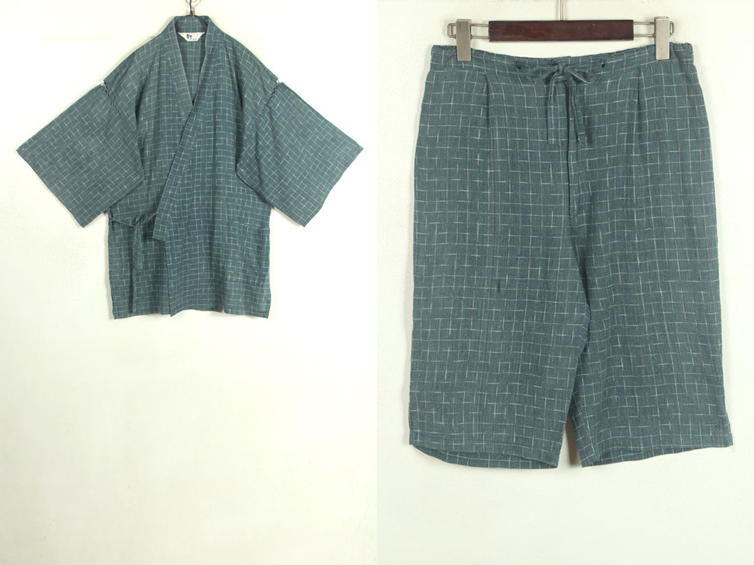 春夏装孤品复古古着vintage日本蓝色格子日式和风和服棉质套装