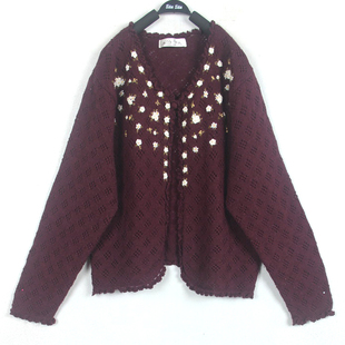 秋冬孤品复古着vintage绛色深紫红PINK HOUSE立体花花木耳边毛衣