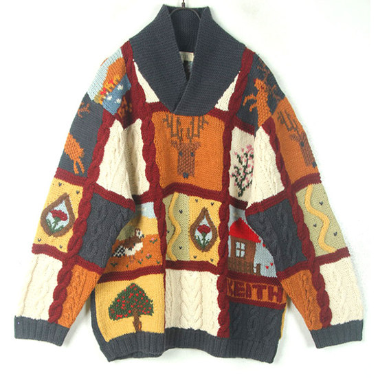 秋冬装孤品复古古着vintage欧洲田园风麋鹿房子手工钩织刺绣毛衣