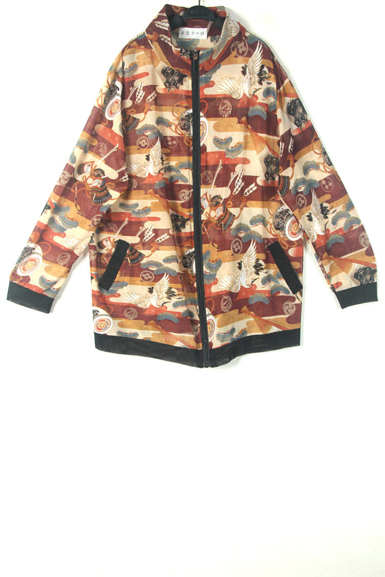 春夏装孤品复古日本中古着vintage亚文化和风仙鹤印花网纱透明衫