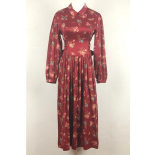 春夏装孤品复古日本中古着vintage维多利亚风暗红印花纯棉连衣裙