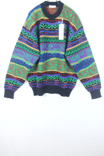 秋冬装孤品复古古着vintage日本蓝绿艳色佩里斯纹苦瓜纹毛衣