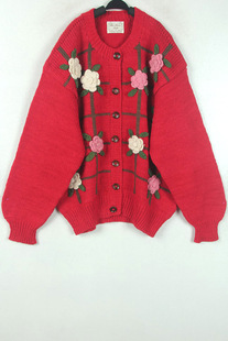 秋冬装孤品复古着vintage日本制红色山茶花花架手工钩花开衫毛衣