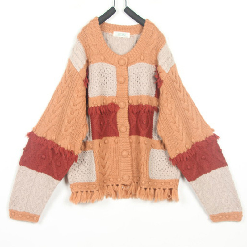 秋冬装孤品复古古着vintage麻花方格流苏踏肩宽松手工钩织毛衣