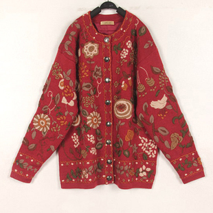 秋冬装孤品复古古着vintage日本棕红色繁花花枝刺绣手工毛衣