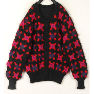 秋冬装孤品复古古着vintage黑色红花马海毛长绒毛手工钩织毛衣