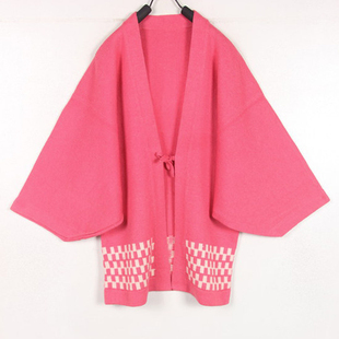 秋冬装孤品复古古着vintage桃红色棋盘格格子和风羽织和服毛衣