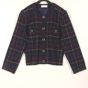 秋冬装孤品复古古着vintage小香风藏青色羊绒短款格纹西装外套女