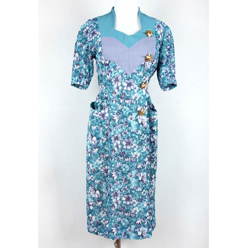 春夏装孤品复古日本中古着vintage蓝绿色短袖西装式花苞裙连衣裙