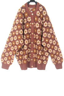 秋冬装孤品复古古着vintage豆沙红玛格丽特菊手工钩花镂空毛衣