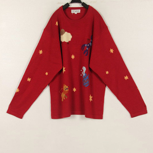 秋冬装孤品复古古着vintage日本深红十二星座刺绣字母套头毛衣