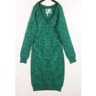 秋冬装孤品复古古着vintage比利时深绿色闪丝混编修身针织连衣裙
