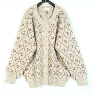 秋冬装孤品复古古着vintage日本浅卡其绿精美立体花手工刺绣毛衣