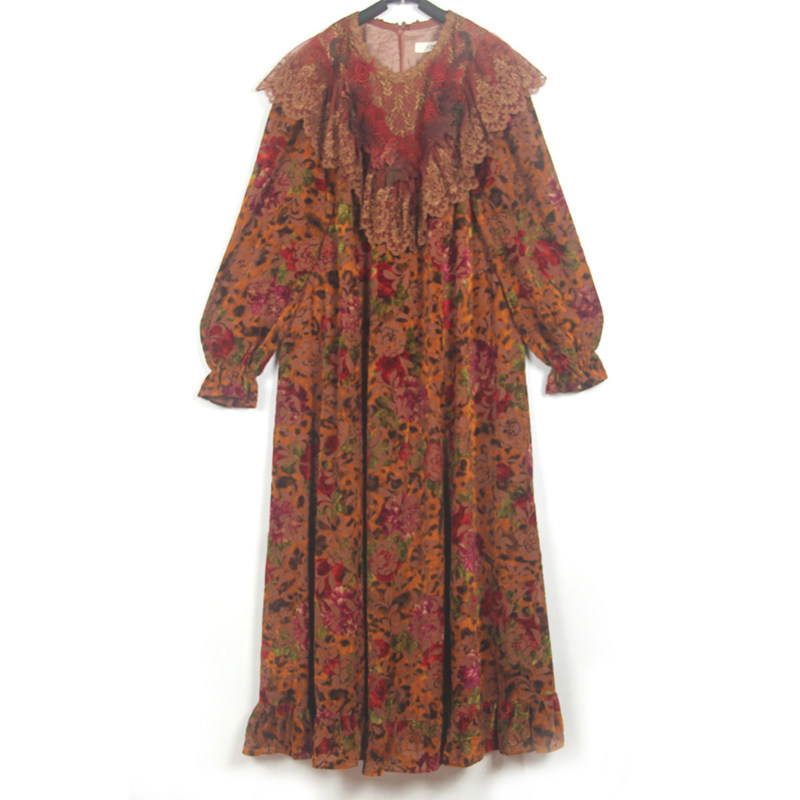 春秋装孤品复古日本中古着vintage维多利亚提花蕾丝金丝绒连衣裙