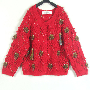 秋冬装孤品复古古着vintage深红蓝莓庄园超重工帽子花束手工毛衣