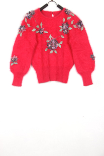 秋冬装孤品复古古着vintage玫红色马海毛兔毛手工钉珠毛衣