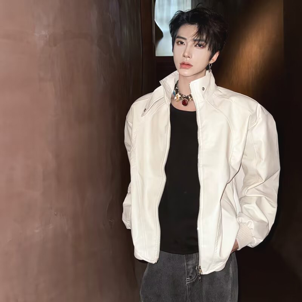 白色短款垫肩外套机车pu皮衣夹克