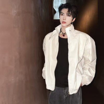 白色短款垫肩外套机车pu皮衣夹克