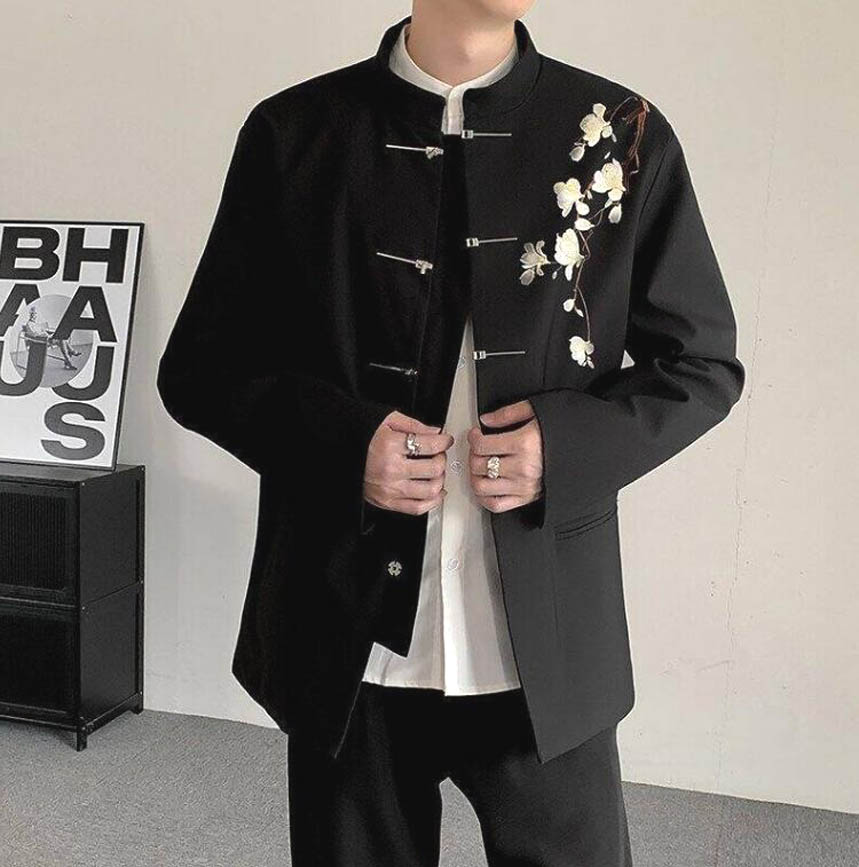 新中式刺绣玉兰花中山装立领盘扣