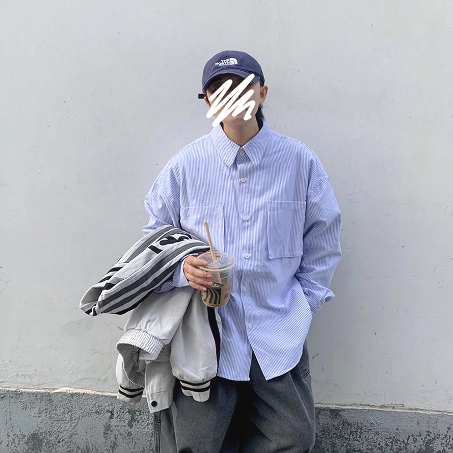 美式条纹衬衫双口袋宽松工装长袖