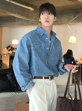 韩系气质浅蓝牛仔衬衫男双口袋bf风长袖开衫美式复古休闲工装衬衣