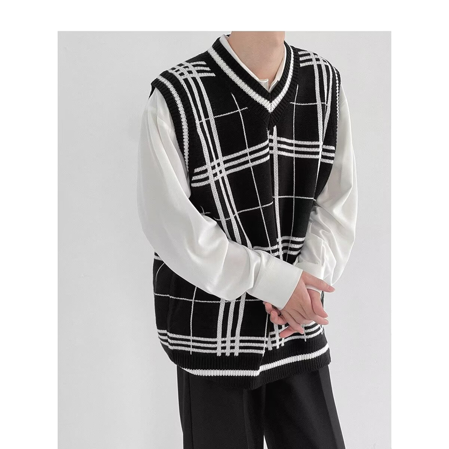 美式学院风格子针织背心松弛感