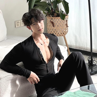 禁欲系深v领半开衫男黑丝微透修身罩衫防晒网纱长袖性感透视T恤