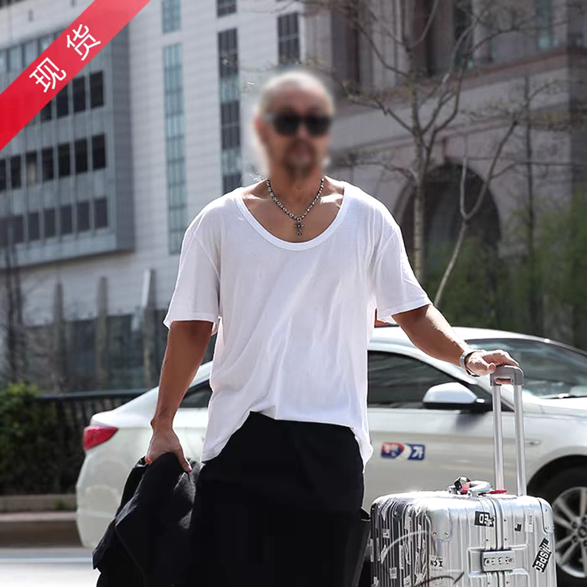 慵懒风u型大领t恤男松弛感冰丝棉宽松短袖索罗娜凉感莫代尔打底衫