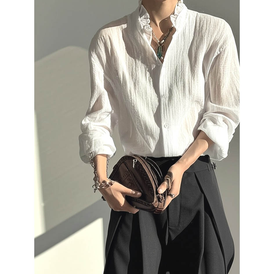 花边v领衬衫山本风复古长袖礼服