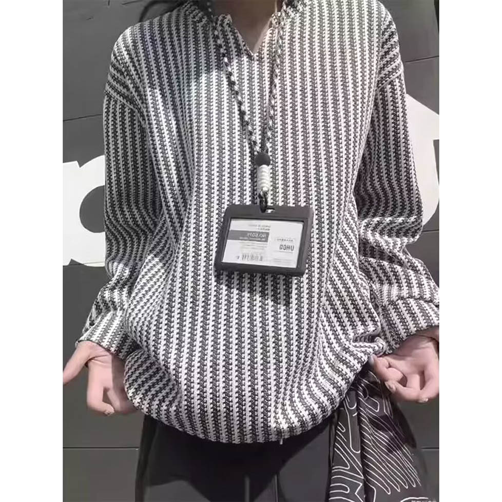 拼色鱼骨纹长袖t恤v领肌理感美式