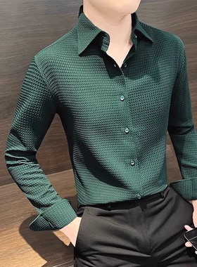 绿色肌理感衬衫男美式复古华夫格长袖休闲工装衬衣商务通勤寸衫潮