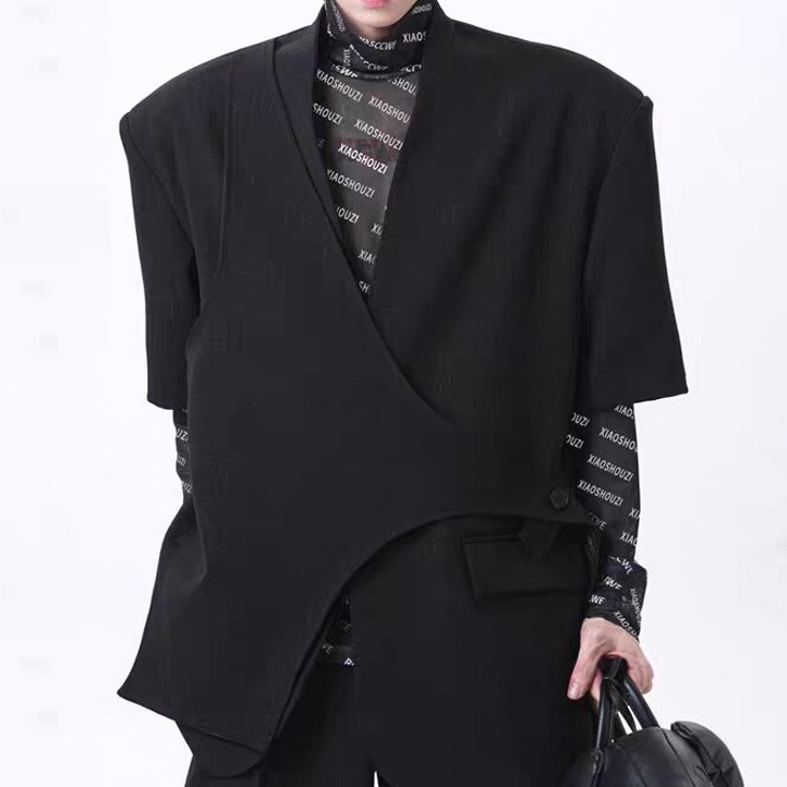 假两件短袖西装设计感深v领开衫