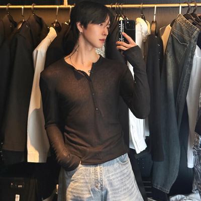 镂空针织衫紧身长袖罩衫半开扣