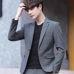 深灰色垫肩西装男平驳领修身外套职业正装婚礼面试小西服休闲便服