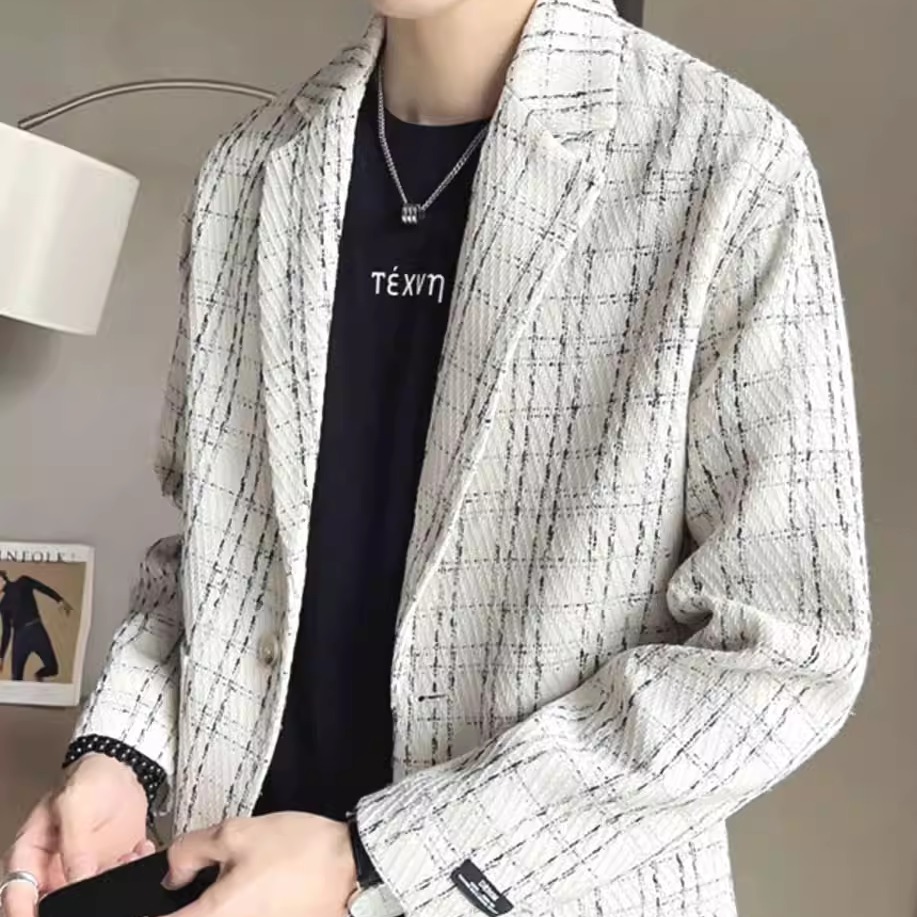 小香风男士格子西装编织夹克外套