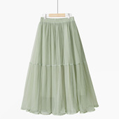 秋冬新款 半身裙 高腰显瘦a字大摆仙女百搭甜美拼接百褶网纱中长款