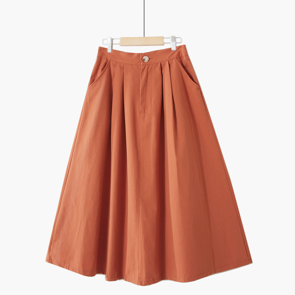 秋冬新款简约显瘦纯色大摆文艺港味气质纽扣口袋A字中长半身裙子