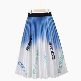 秋冬韩版时尚字母印花大摆松紧高腰百搭显瘦中长款百褶a型半身裙