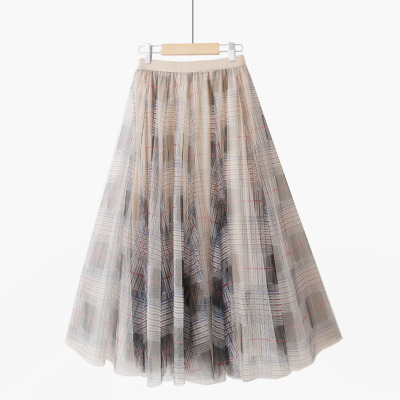 秋冬优雅百搭显瘦格子拼接超大裙摆百褶仙女中长款网纱裙半身裙子