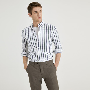 棉氨纶混纺微弹休闲格纹衬衣修身 男长袖 早秋简约格子衬衫 第五季